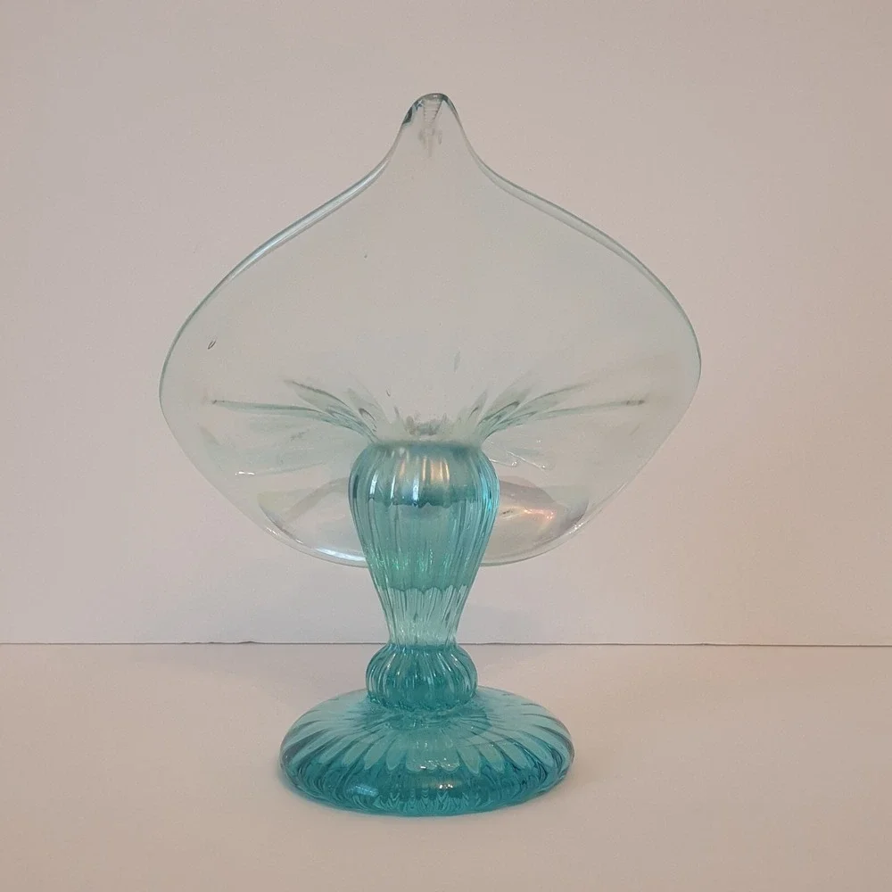 Vintage Jack in the Pulpit Candleholder Iridescent Aqua Glass Hand Blown Signed